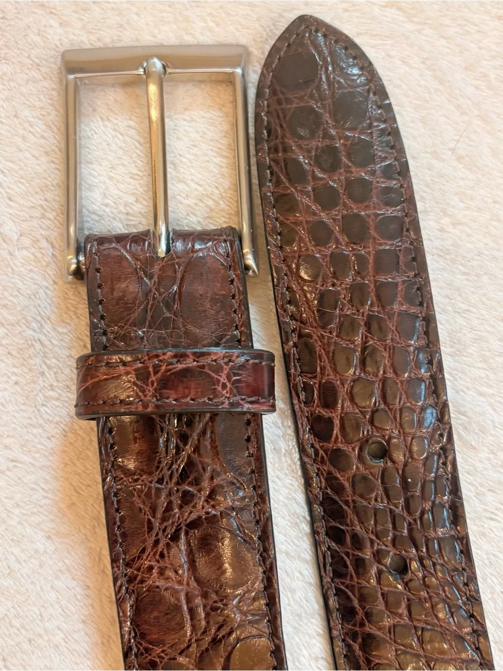 Saks Fifth Avenue Dark Brown Genuine Crocodile Leather Belt Silver Buckle Sz 34